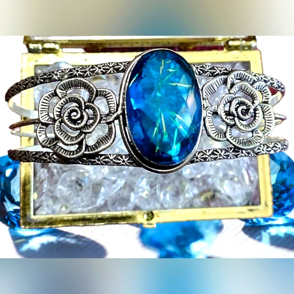 Silver Floral Cuff Bracelet with Blue Crystal Center - Picture 2 of 6